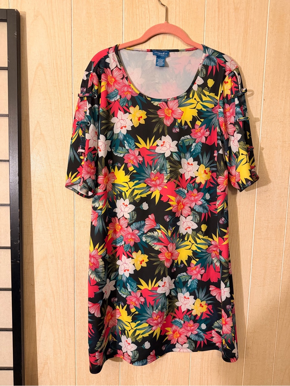 Caribbean Joe Floral Short Sleeve Tunic - Black, Pink & Yellow